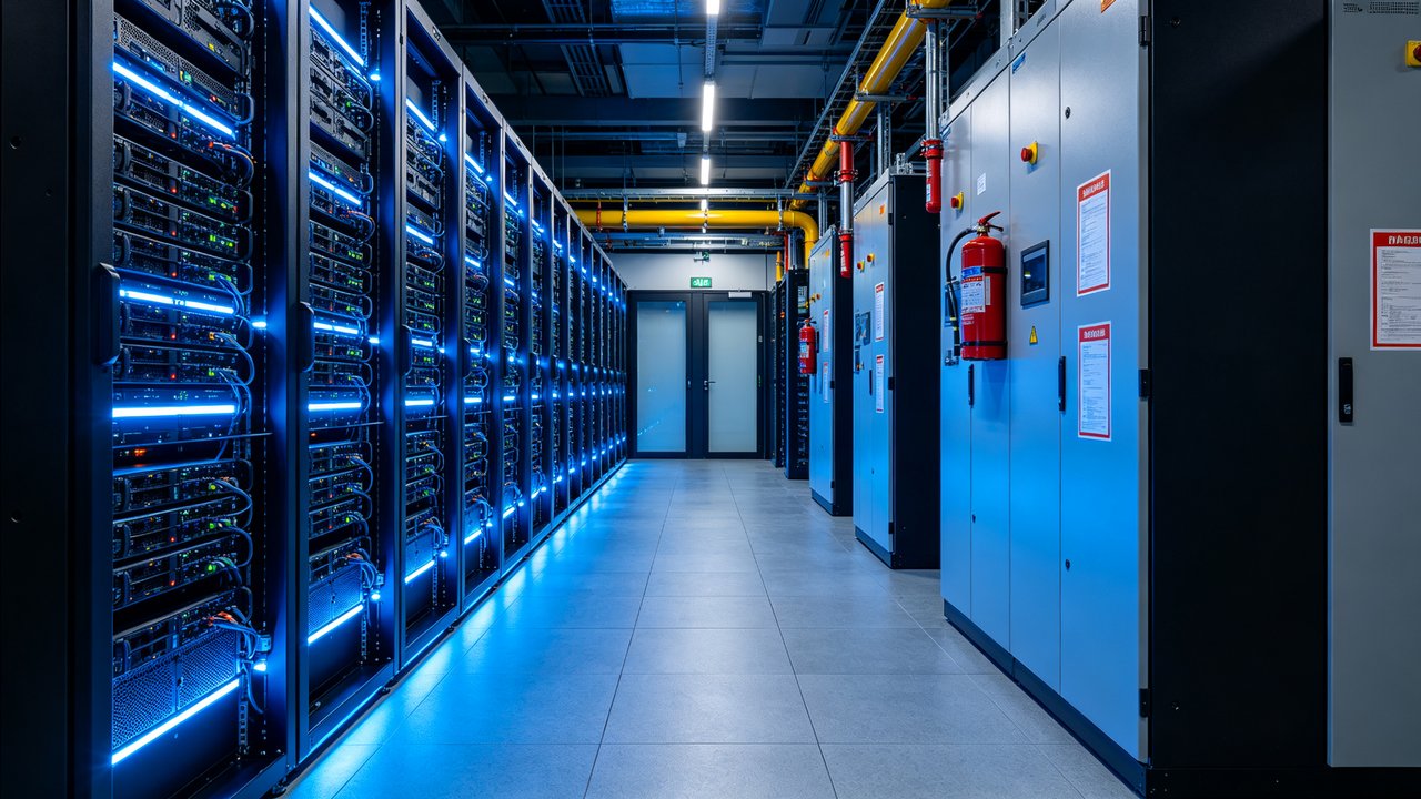 Data center server room with passive and active fire protection systems