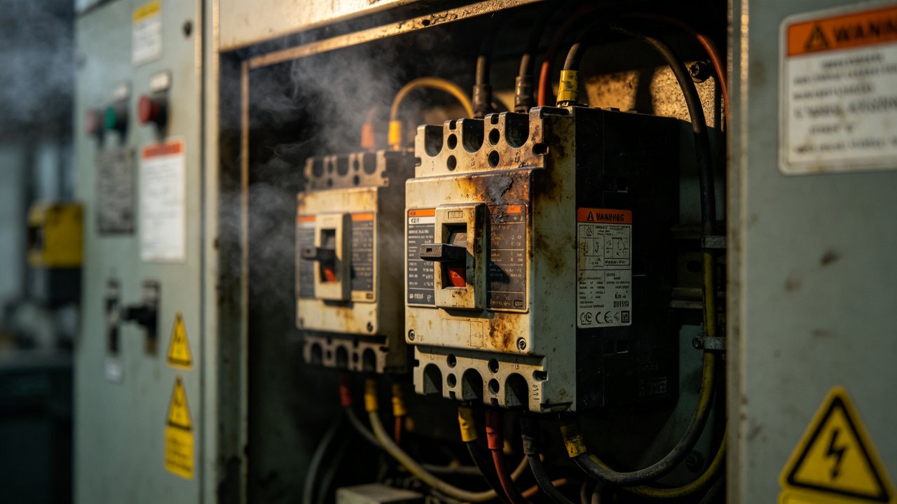Electrical control panel showing fire risk with heat damage and smoke