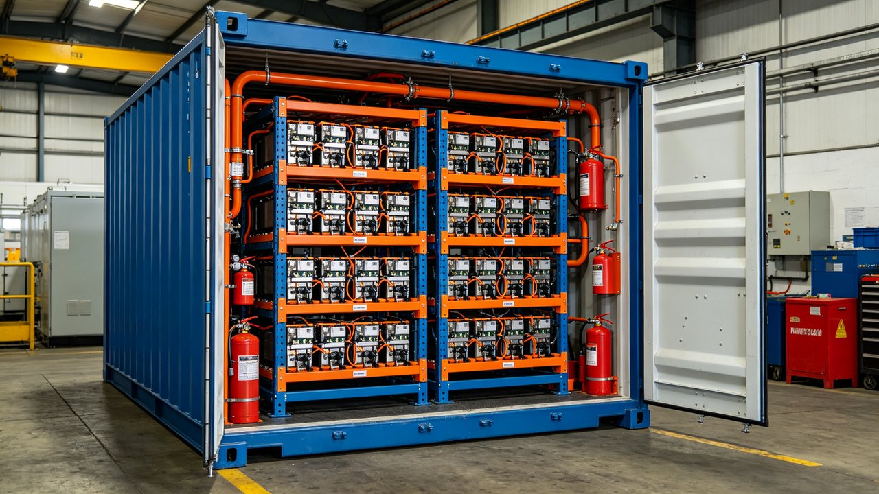 Lithium-ion battery energy storage container with fire protection system